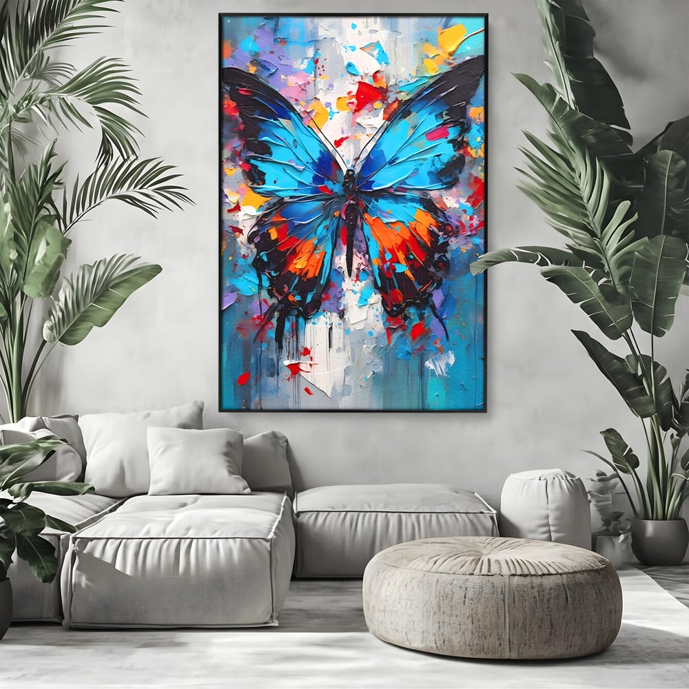 Tablou canvas cu pictura cu fluture albastru, in rama de aluminiu negru, pe perete intr-un living
